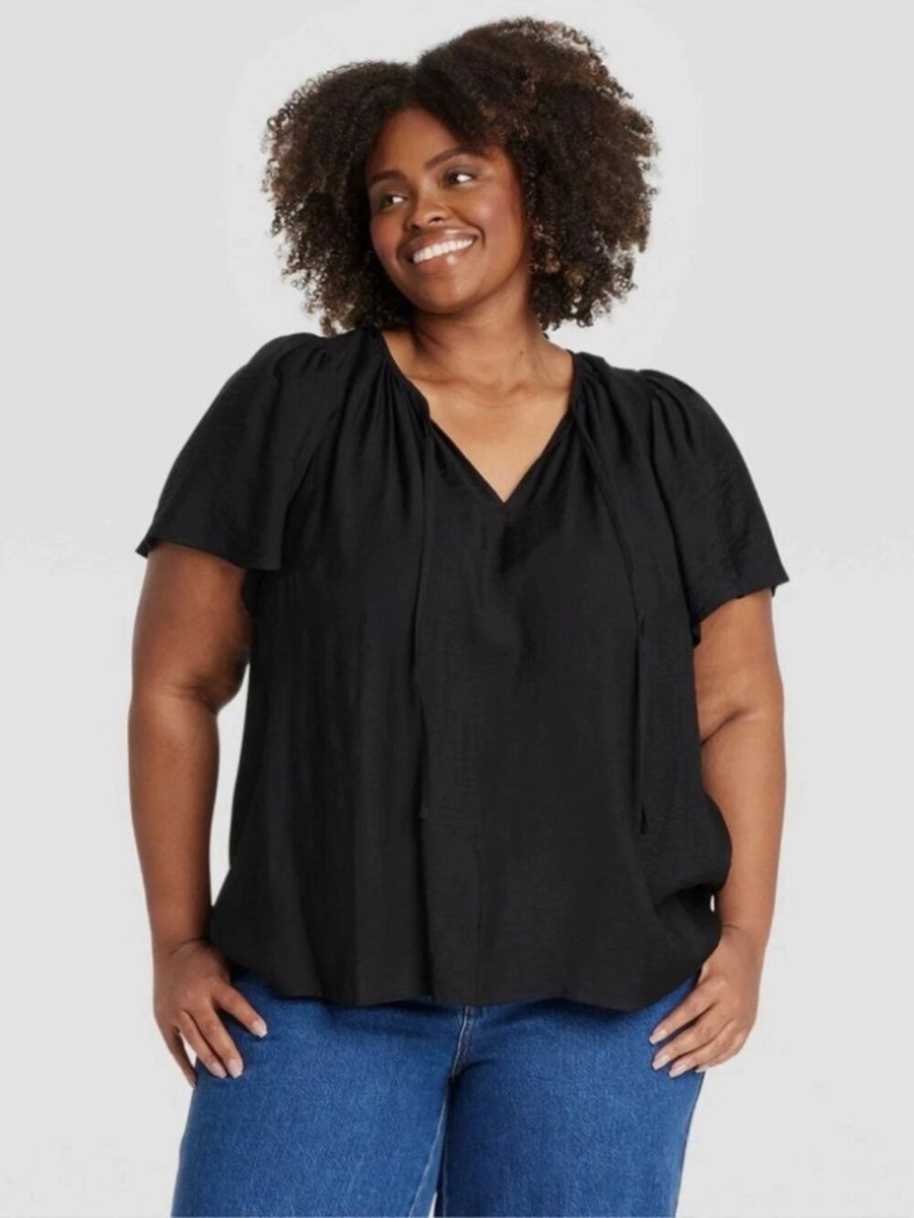 Ava & Viv black flutter sleeve blouse neck tie NWT size 4x rayon nylon